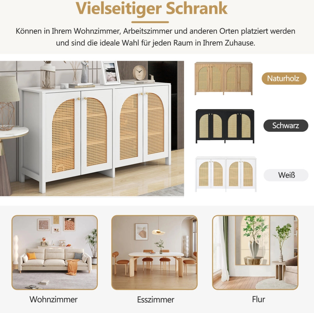 Credenza sideboard a 4 ante in MDF e PE rattan; ripiano regolabile; bianca
