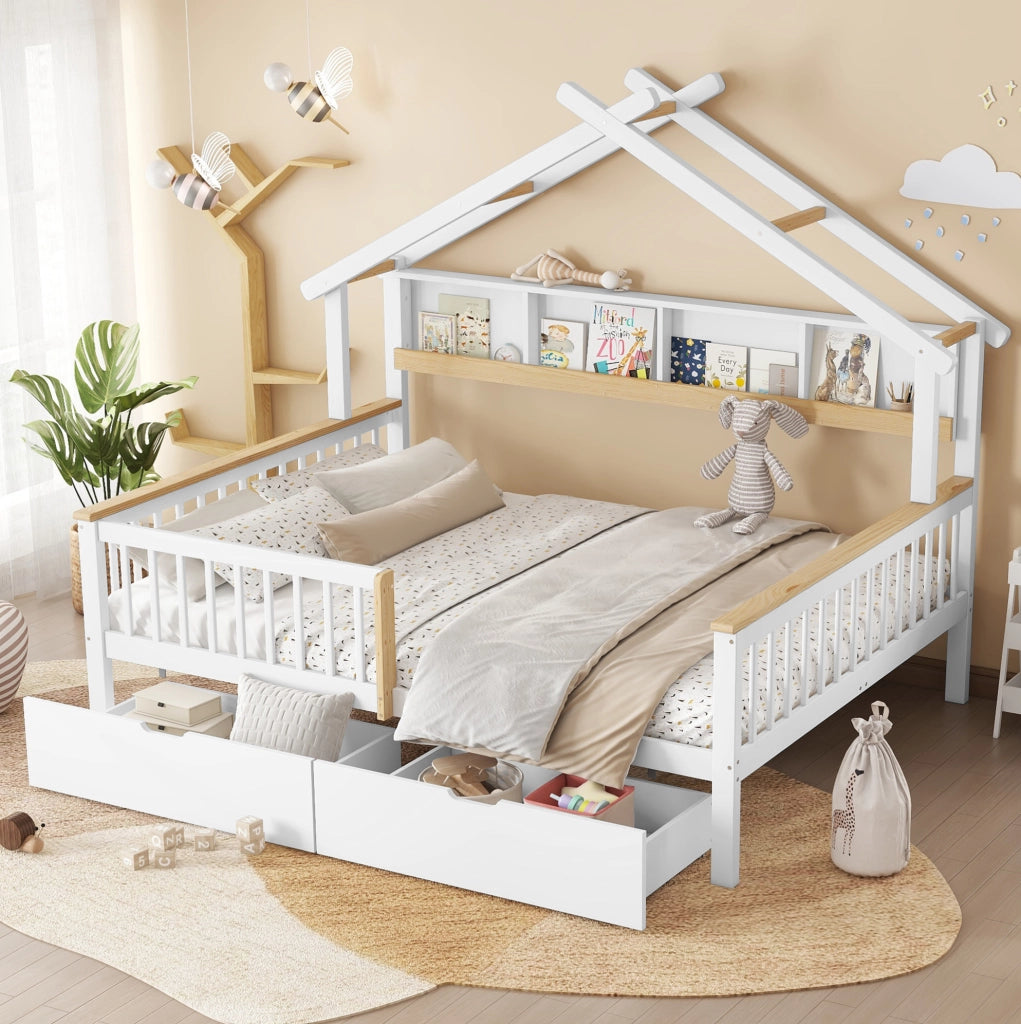 Letto per bambini 140x200 cm con tetto e 2 cassetti