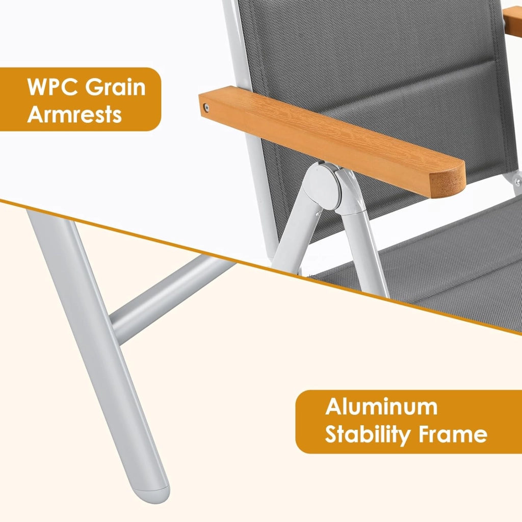 Set di 2 sedie da giardino con schienale alto, Sedia pieghevole in Alluminio, Braccioli in WPC, Schienale trapuntato e regolabile in 7 posizioni, per ristoranti, patii, Grigio argento, 2 PCS