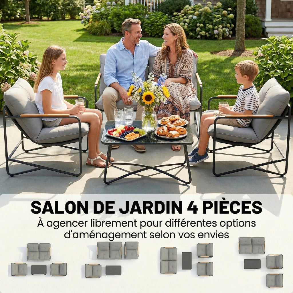 Set Salotto Giardino 4 Pezzi con Divano 2 Posti, 2 Poltrone e Tavolino Vetro Temperato ¨C Zephmum ¨C Grigio Chiaro