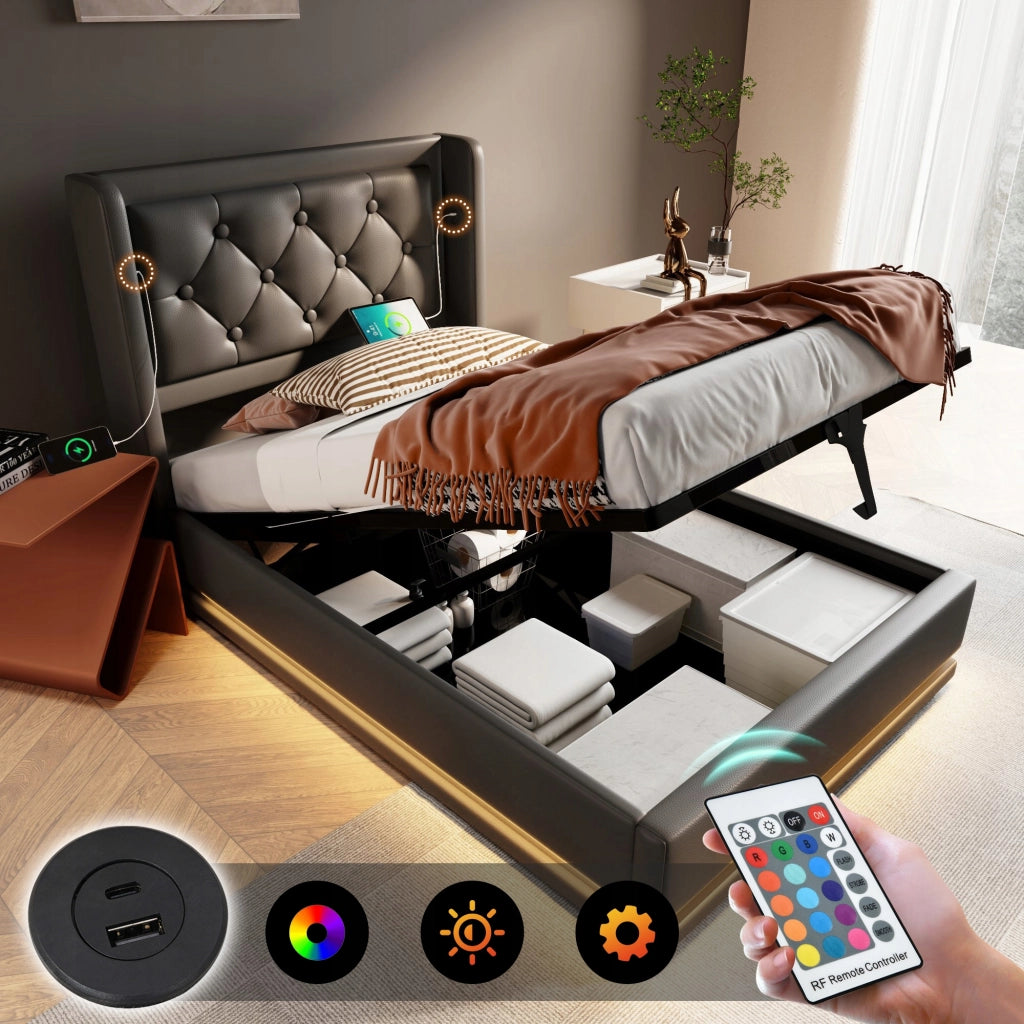 Letto singolo 90x200 - Xylo - Nero con LED RGB e materasso incluso