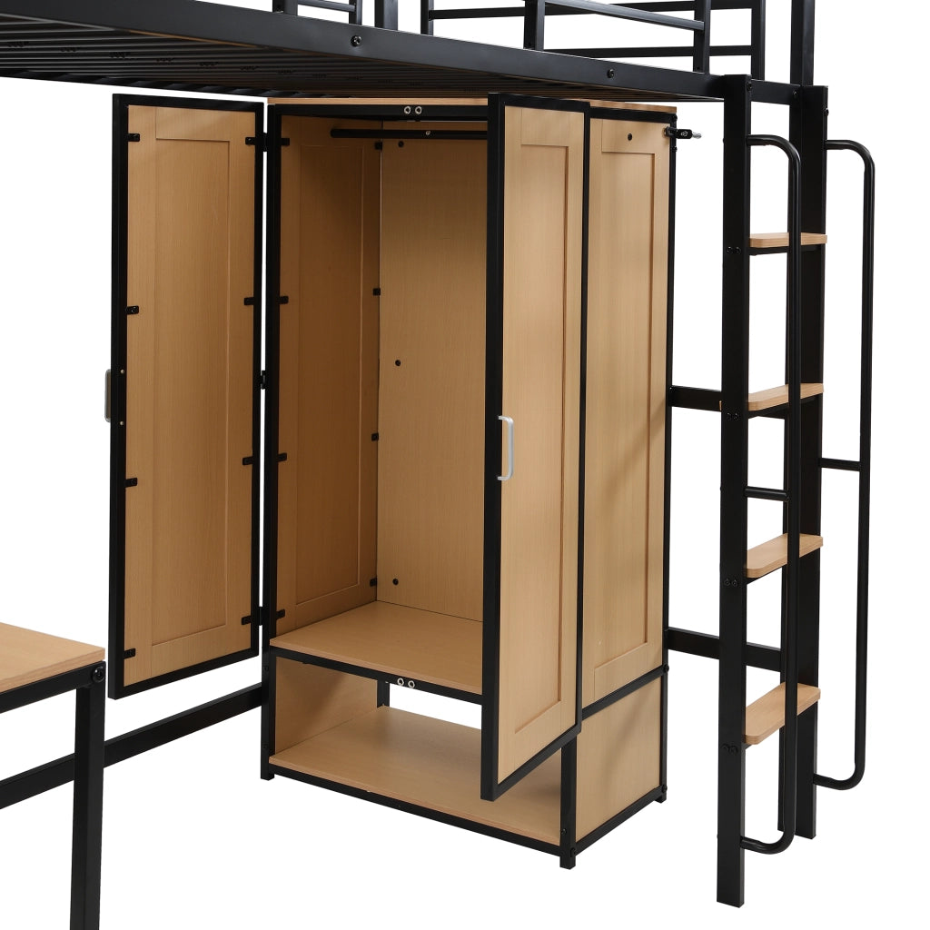 Letto a Soppalco 90x200 cm - Armadio a 2 Ante; Scrivania; Scaffale e Scala - Nero