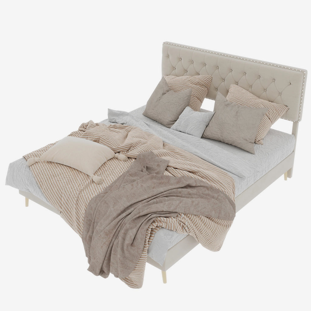 Letto Basso 160 x 200 cm - Testiera Alta Imbottita e Spazio Sottoletto - Beige
