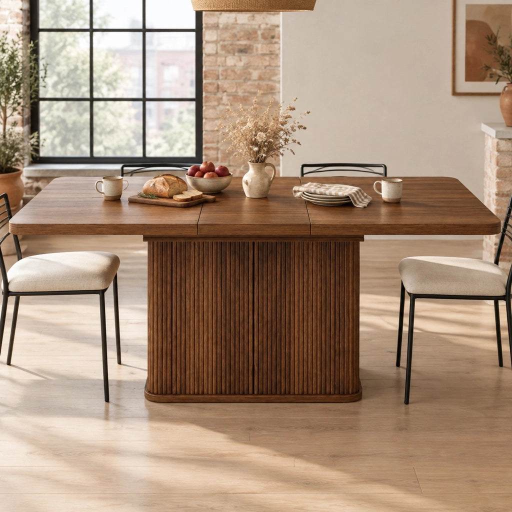 Tavolo da pranzo estensibile 140-180 x 80 cm con vano contenitore; MDF e metallo; marrone
