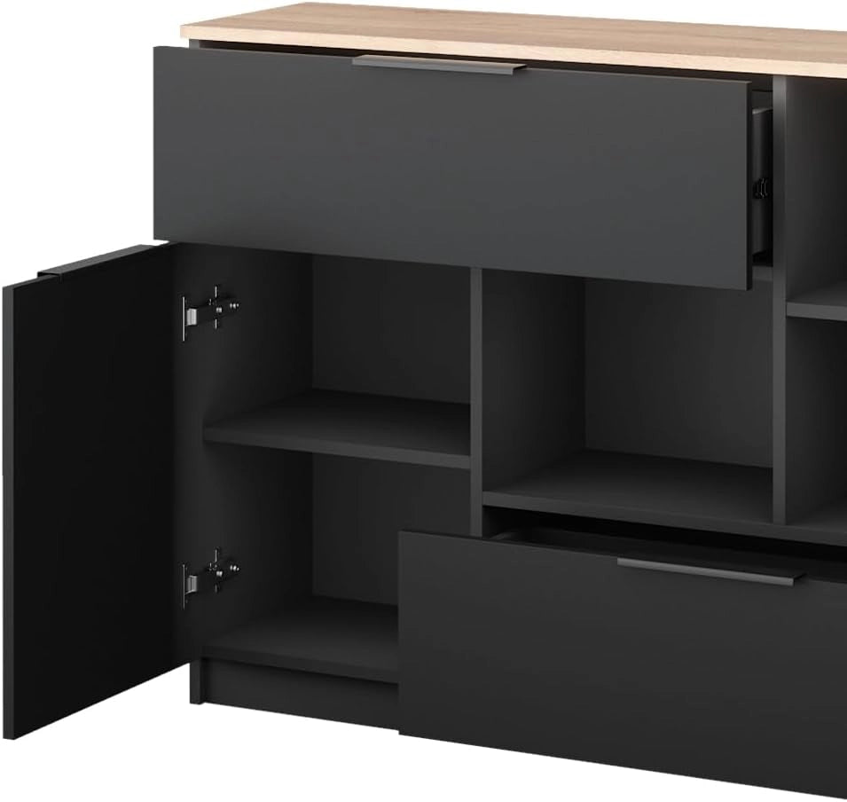Cassettiera per camera da letto Betti, Antracite/Sonoma, 120 x 83.6 cm 2x porta, 2x cassetto e 1x scomparto aperto, per la conservazione e l'organizzazione di oggetti di uso quotidiano