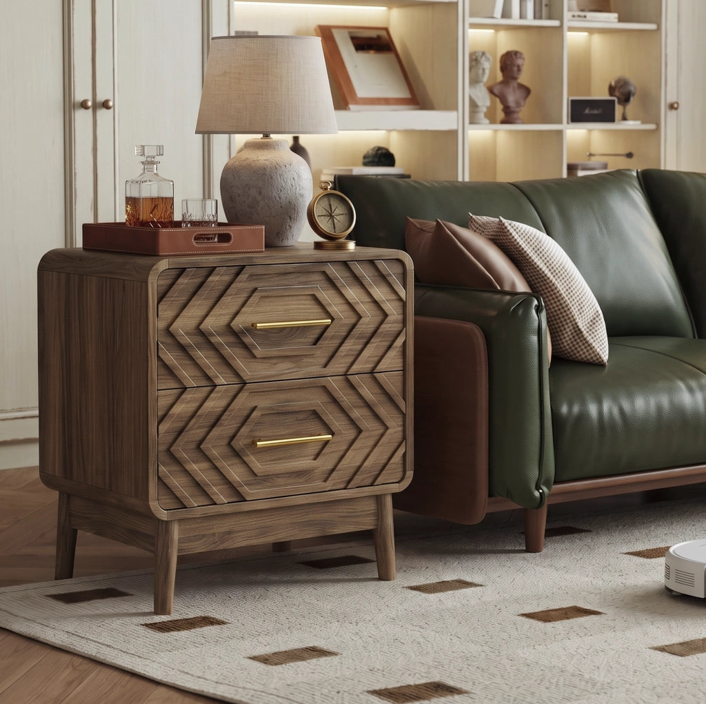 Comodino in MDF con 2 cassetti geometrici; marrone noce