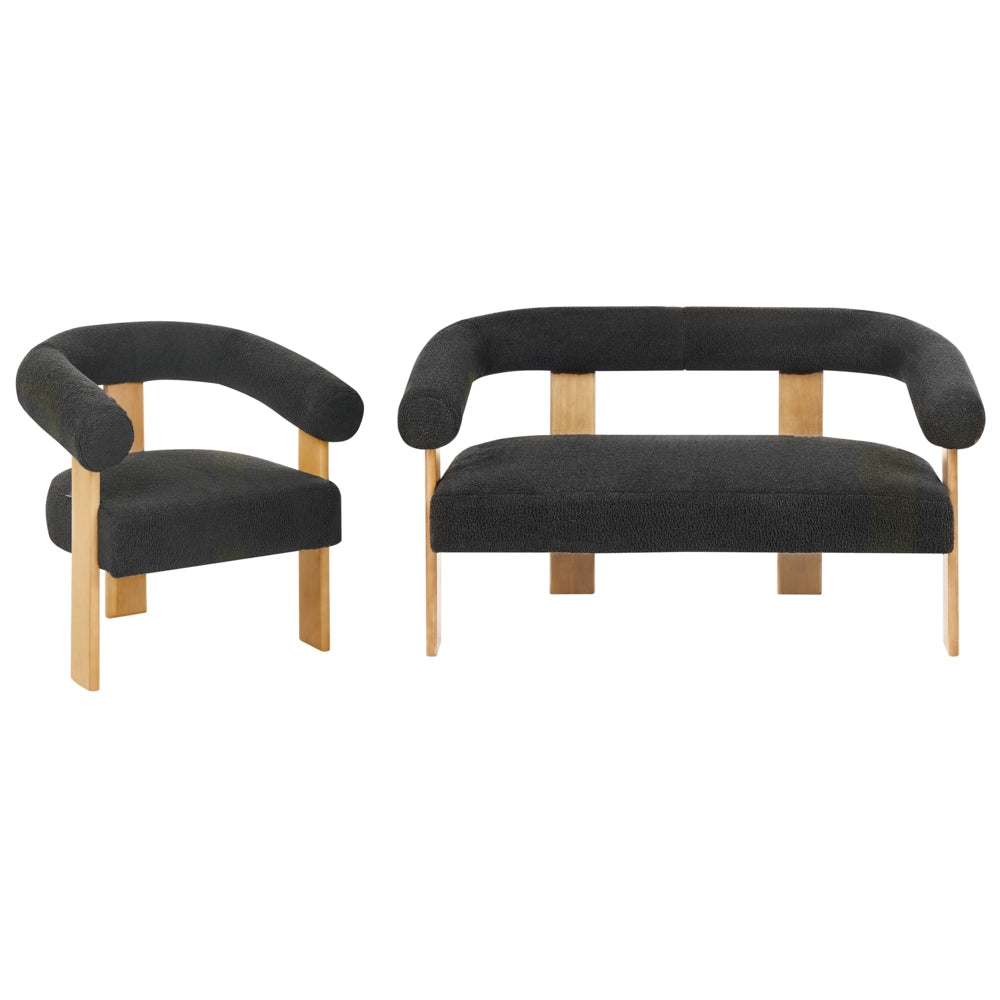 Set da salotto divano a 2 posti poltrona imbottita bouclé nero e marrone chiaro stile retrò soggiorno