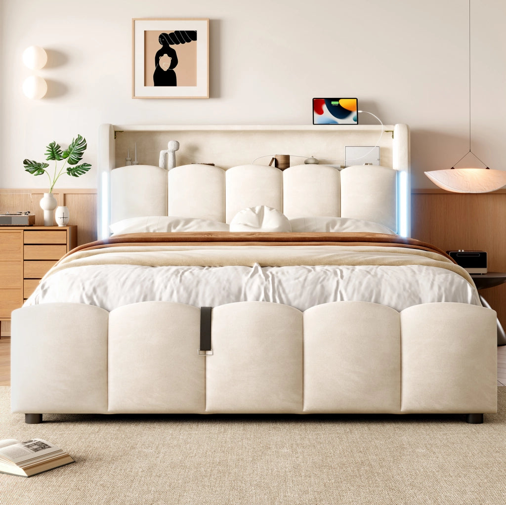 Letto matrimoniale 140x200 cm con contenitore idraulico; LED e USB/USB-C in velluto beige