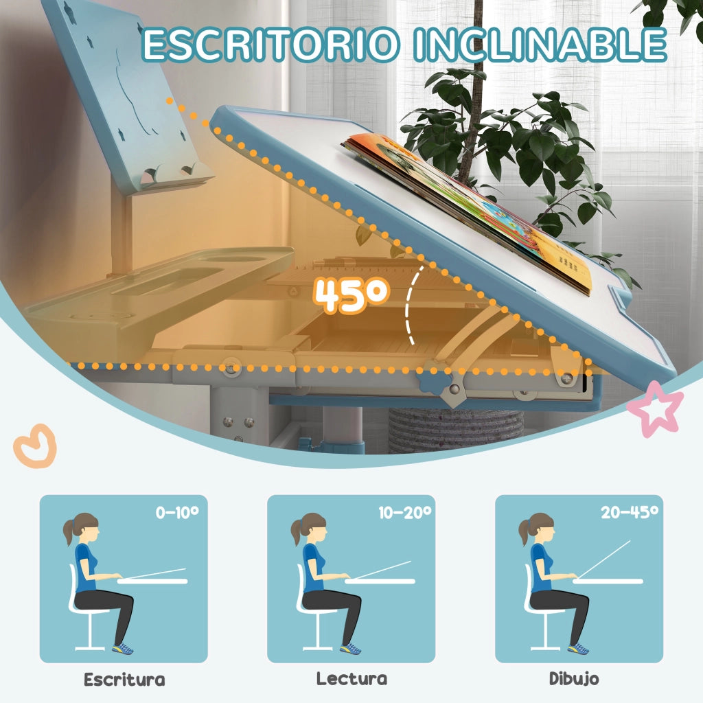 Scrivania per Bambini Regolabile ¨C zephmum ¨C Cassetto, Ripiano, Angolo Aggiustabile 80x49.5x82-104 cm Blu e Bianco