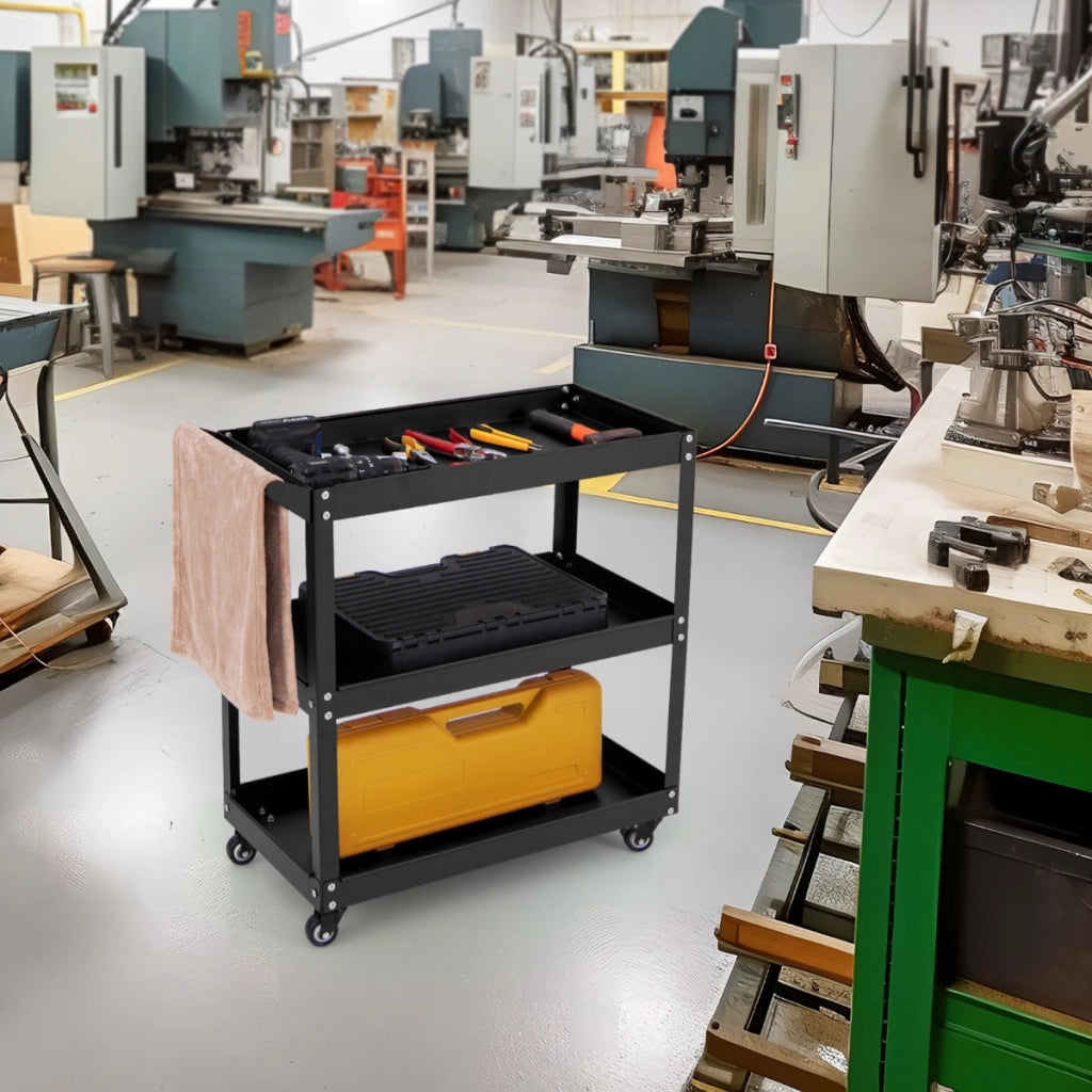 Carrello portautensili a 3 livelli con 4 ruote universali con 2 freni, Carrello metallico resistente per garage Nero-Deposito utensili Tool