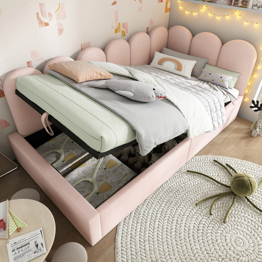 OKWISH Letto a Divanetto 90×190 cm, Letto Singolo con Contenitore Idraulico, Testiera e Sponda, senza Materasso, in Velluto, Rosa