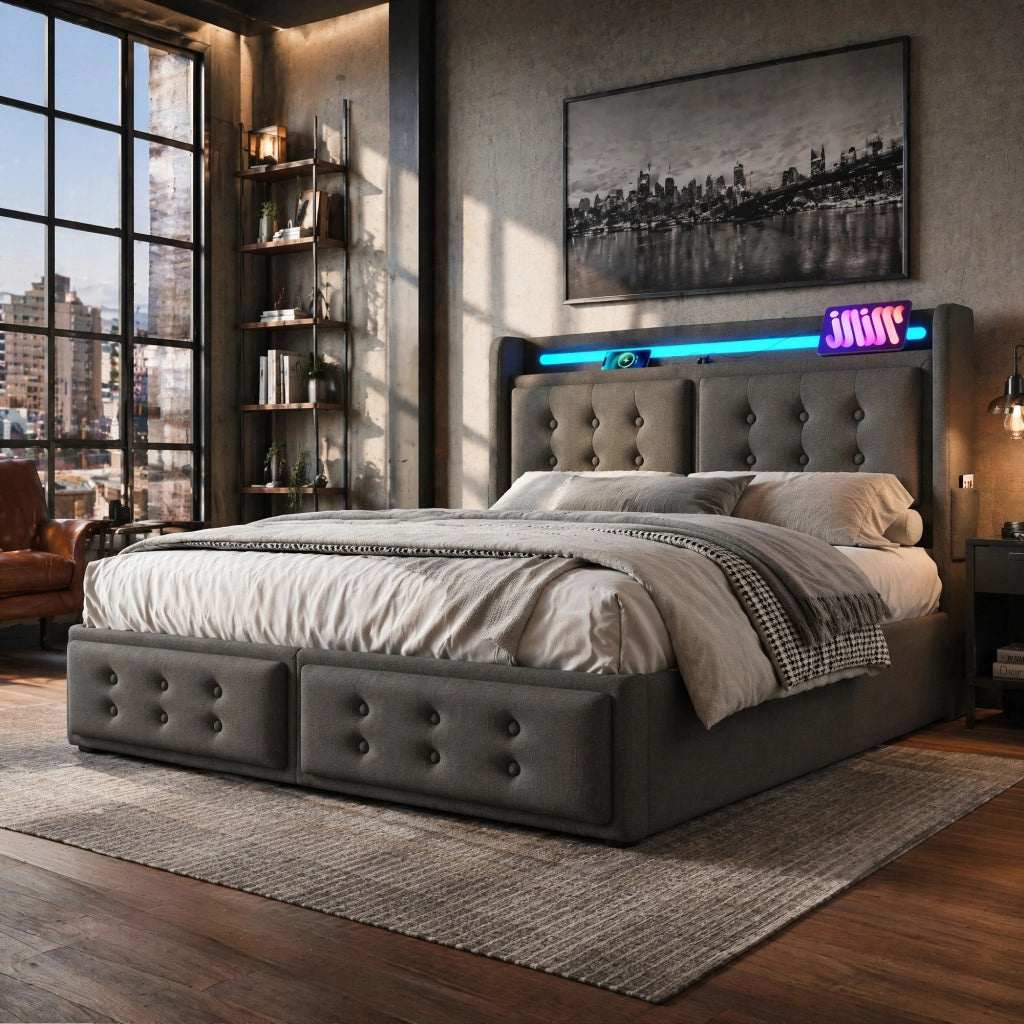 LETTO imbottito 140x200 cm in tessuto cotone-lino grigio con LED e porte USB