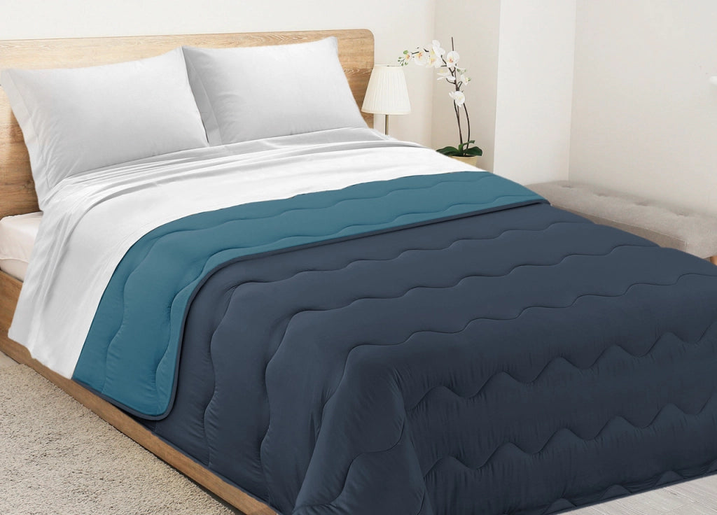 Trapunta Piumone Letto Invernale Imbottita 300gr Microfibra Double Face Bicolor - 2 Piazze - Petrolio-Oceano