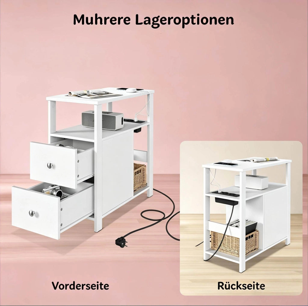 Tavolino laterale stretto bianco con prese elettriche e USB, 60x60x30 cm
