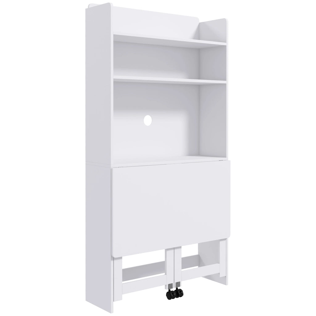 Scrivania Pieghevole 80x69x155 cm con Libreria a 4 Ripiani 2 Ruote e Foro Passacavi in MDF Bianco