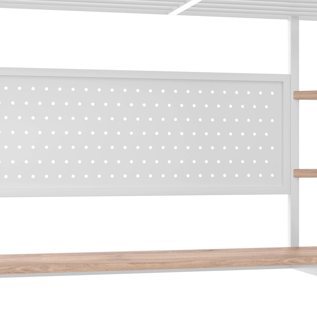 Letto a soppalco 140x200 cm con scrivania; LED e presa USB Type-C; metallo e MDF; bianco