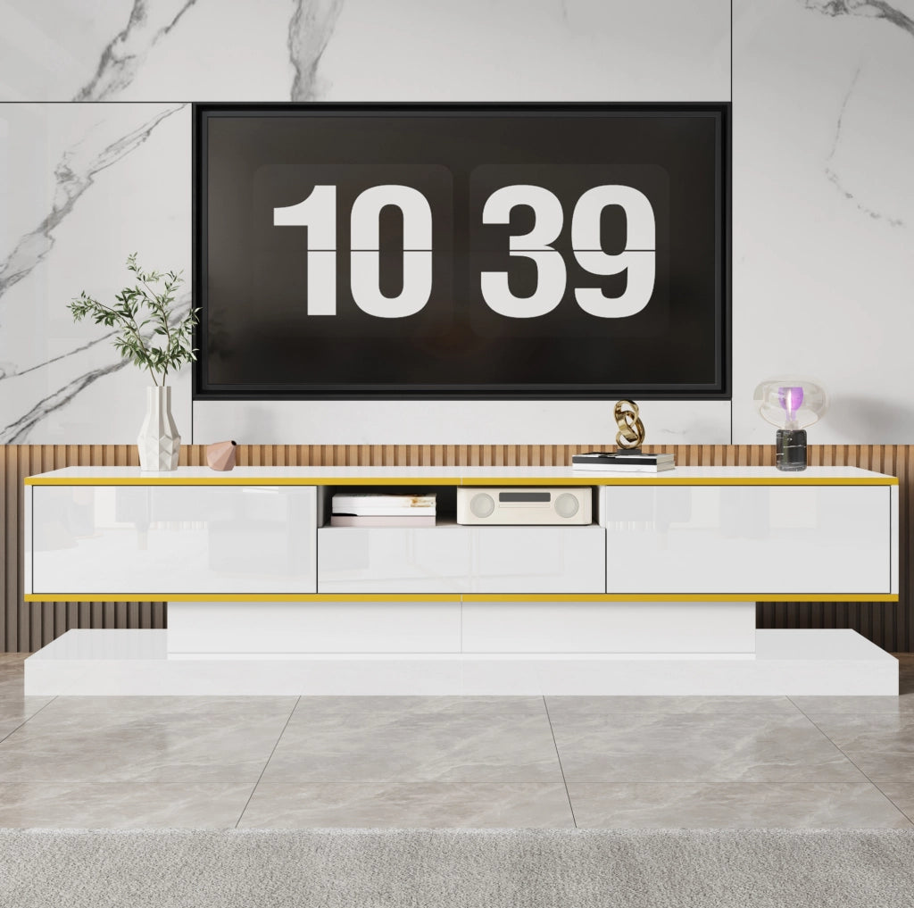 Mobile TV bianco lucido con LED RGB, 3 cassetti, 180 cm