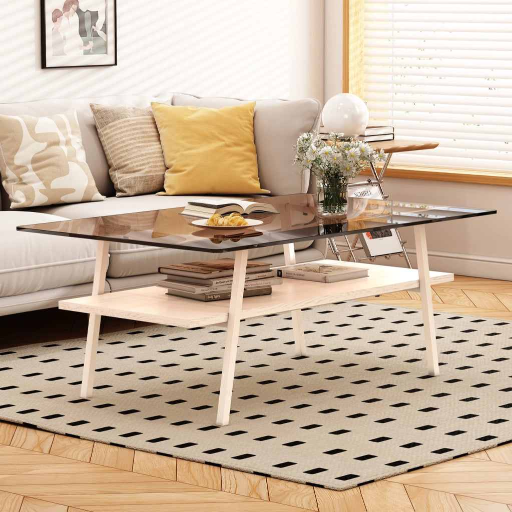 Tavolino da salotto moderno con vetro temperato marrone e base MDF bianca