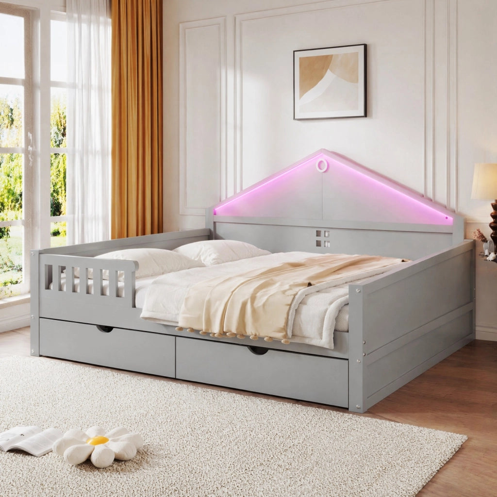 Letto multifunzione 140x200 cm grigio con LED e 2 cassetti