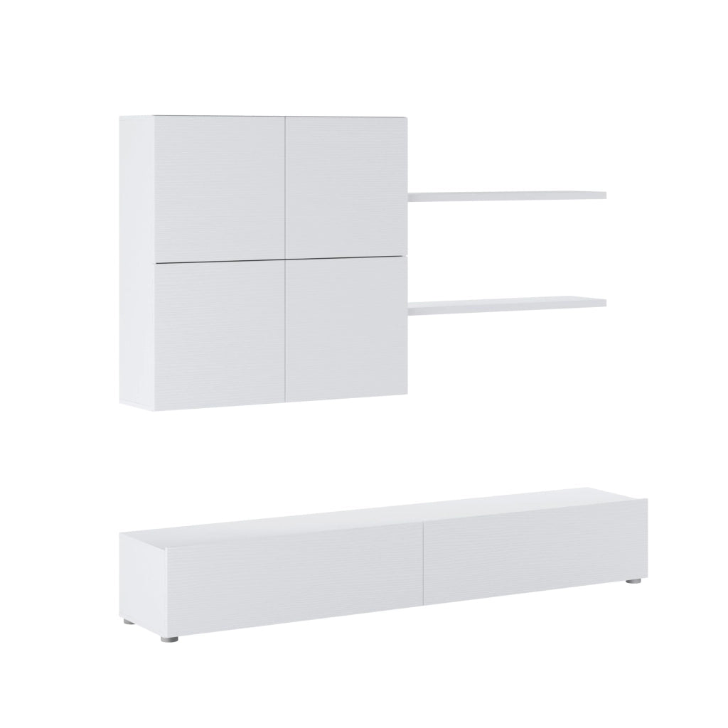 Parete Attrezzata Soggiorno Moderna Con Base TV Due Ante Pensile Quattro Ante E Due Mensole In Melaminico Facile Da Pulire Design Contemporaneo 200 X 194 X 40 Cm Bianco Effetto Legno