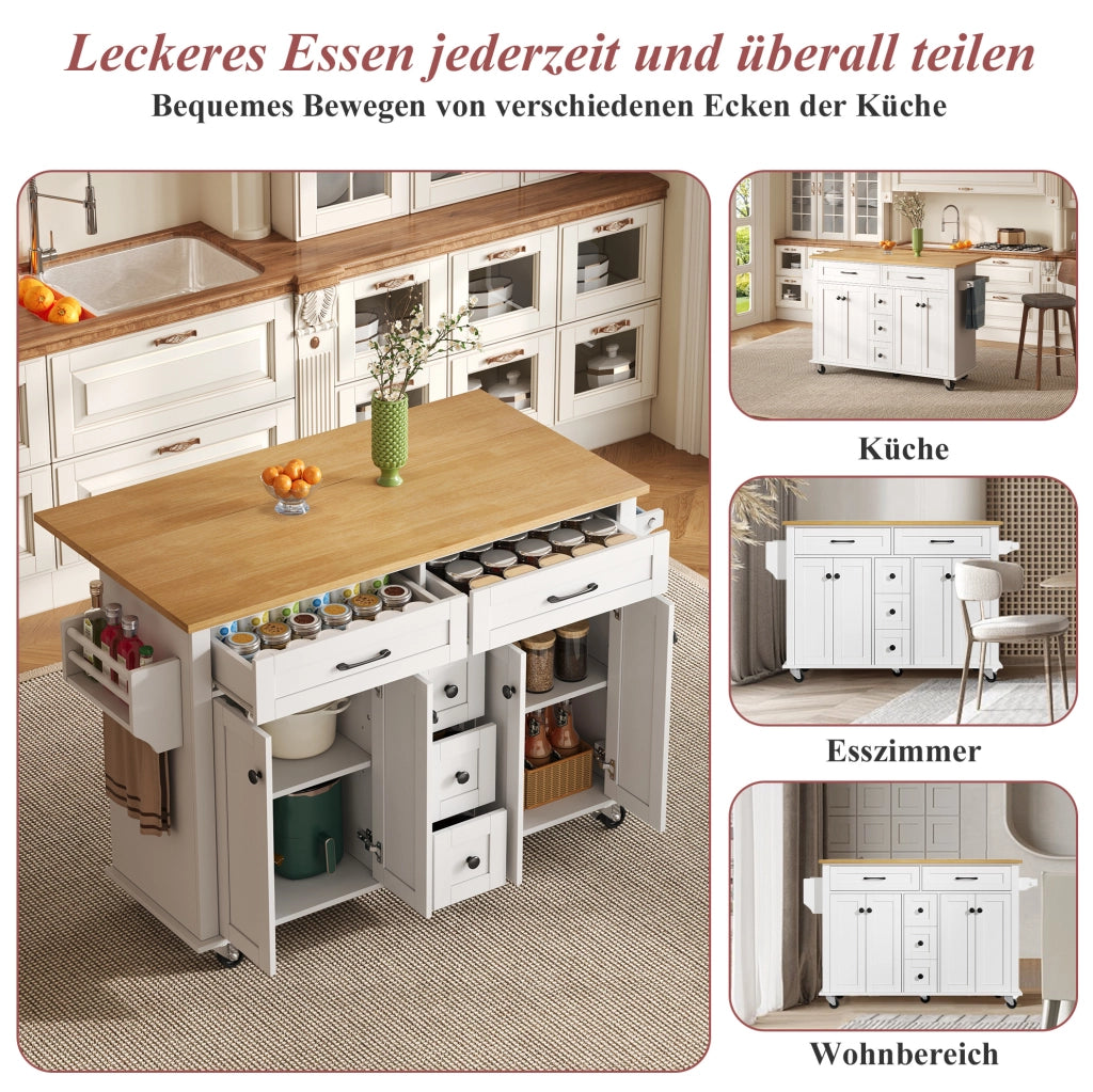 Carrello da cucina multifunzione con piano ribaltabile 140x40(65) cm in MDF bianco e naturale