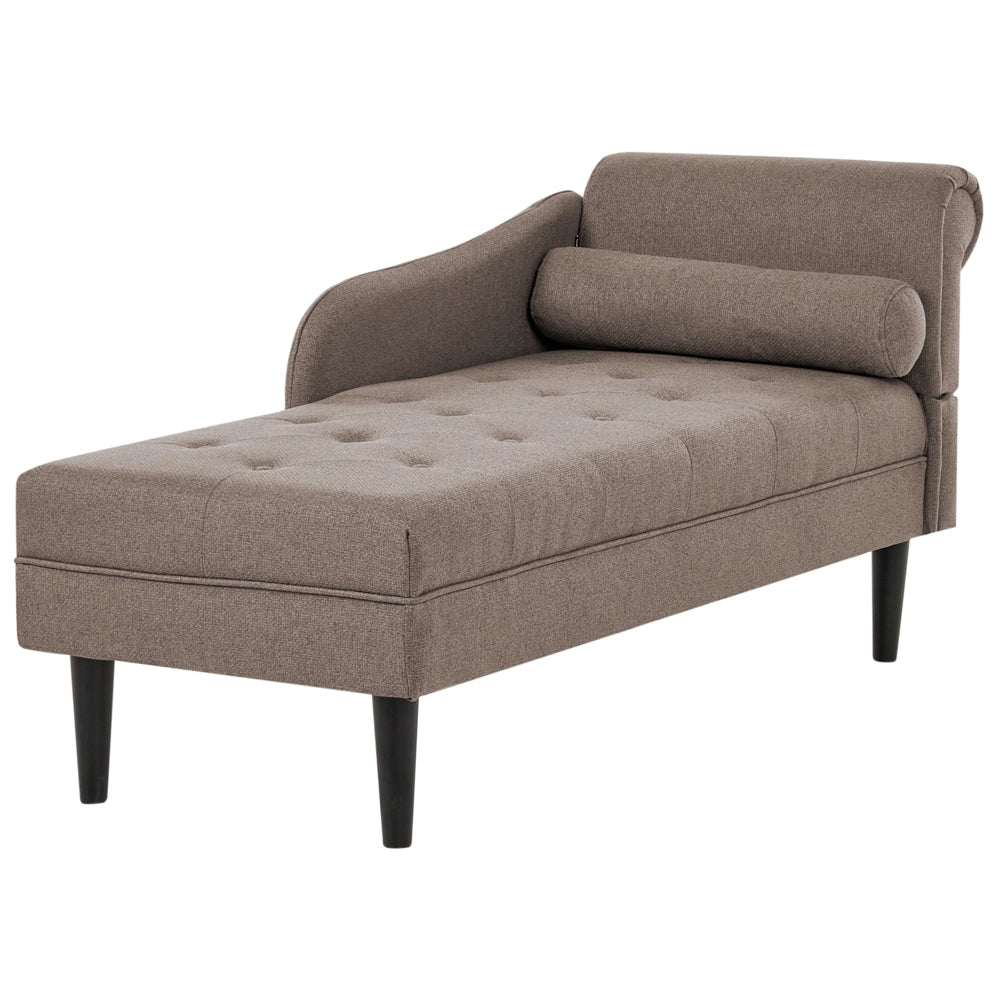 Chaise longue destra in tessuto tortora imbottita con cuscino facile da pulire, gambe in legno, soggiorno moderno