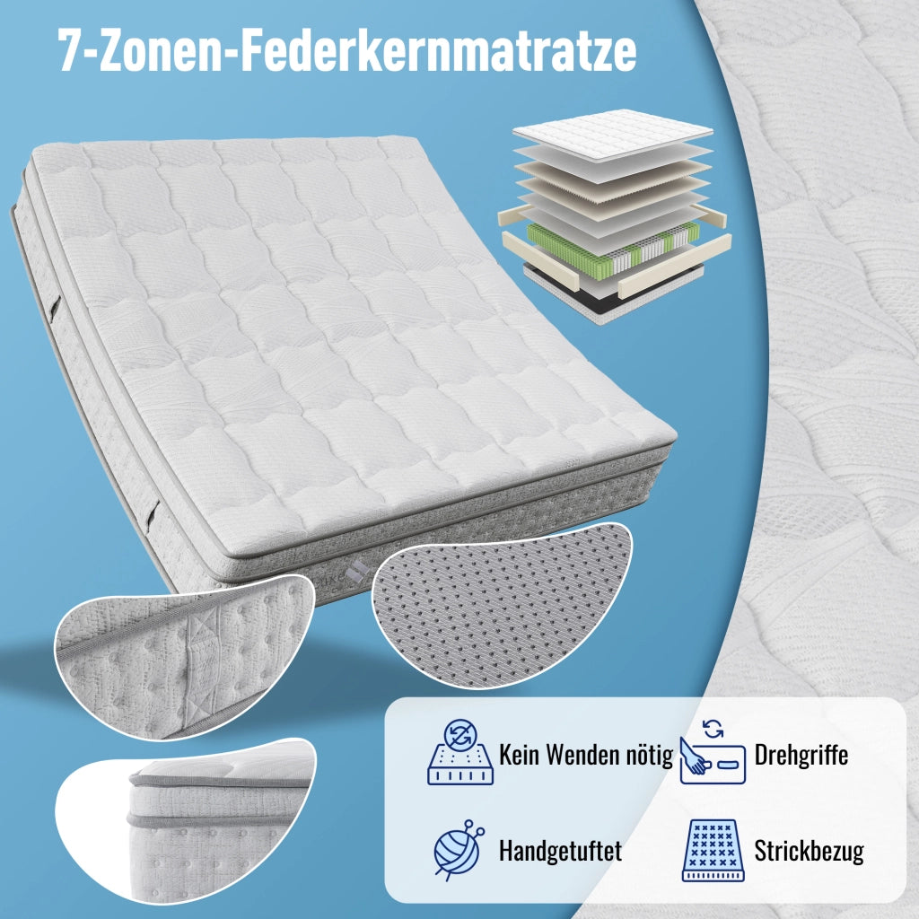 Materasso matrimoniale 140 × 200 cm a 7 zone con molle insacchettate e schiuma fredda, H3, incluso