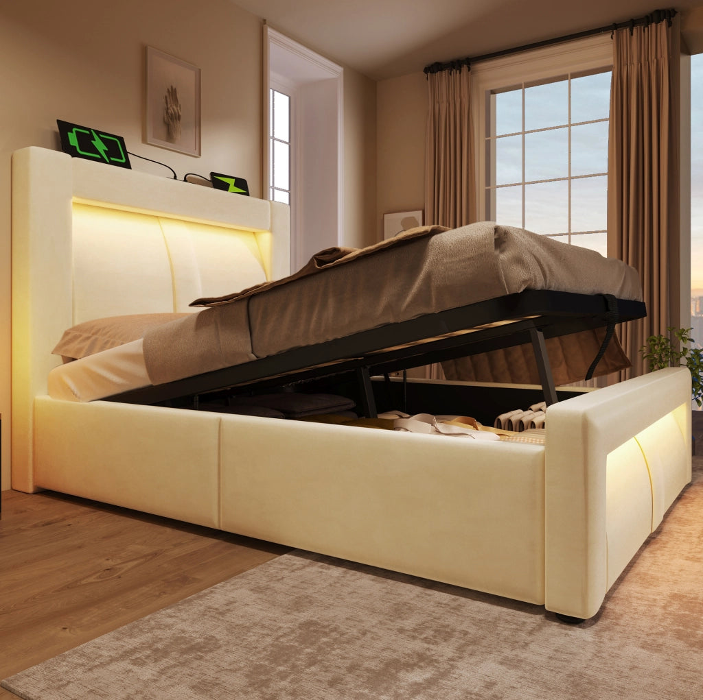 Letto singolo 90x200 con contenitore LED USB-C e materasso beige