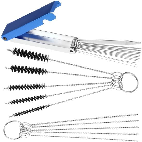 Set di pulizia carburatore per rimuovere depositi di sporco, 13 fili di pulizia, 10 aghi di pulizia spruzzo, 5 setole in nylon, kit di attrezzi per motocicletta, ATV, scooter, set di tre applicatori laser.