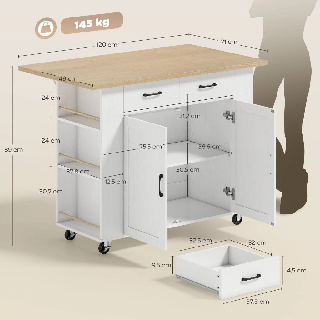Carrello Cucina con Tavolo Pieghevole ¨C Zephmum ¨C Bianco 2 Cassetti