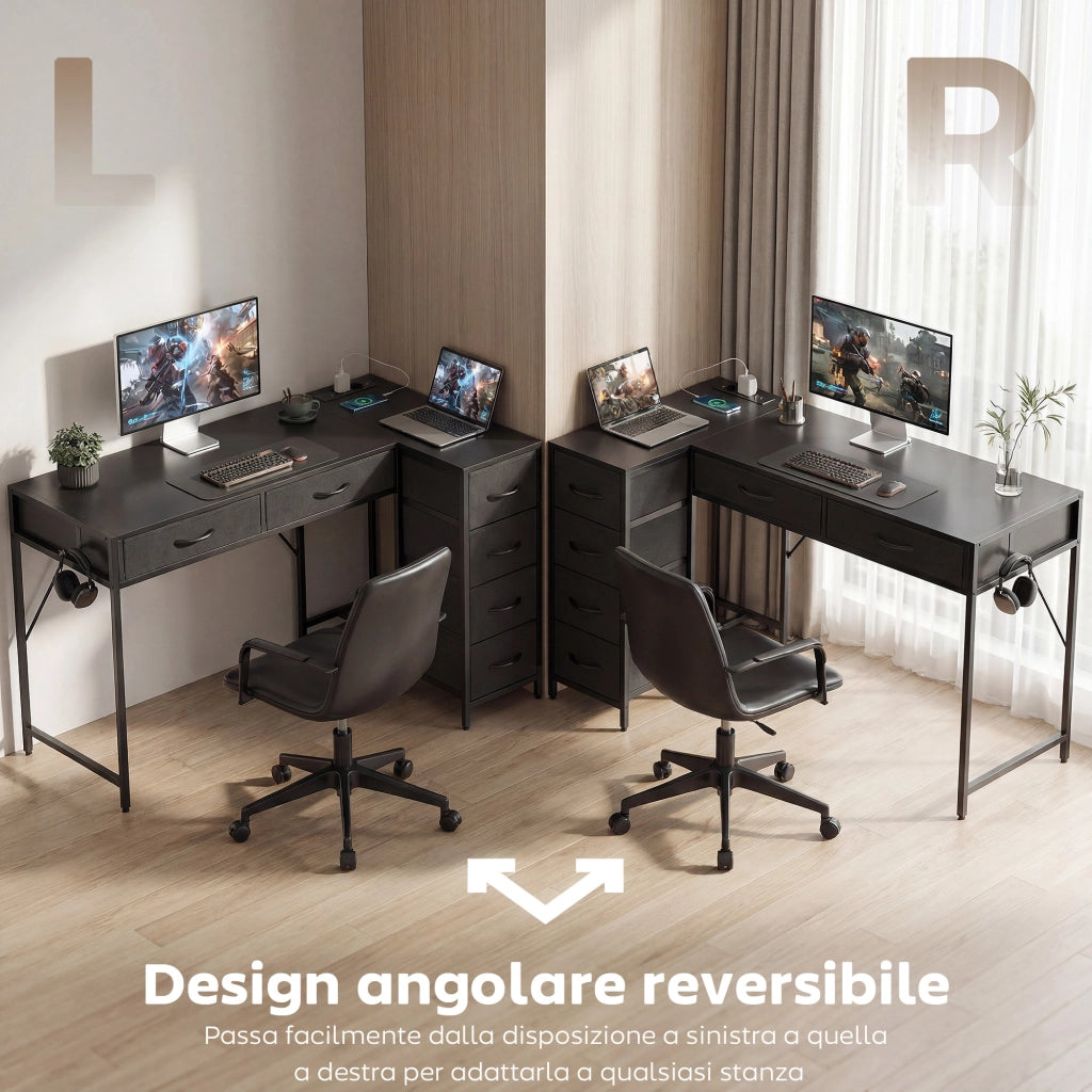 Scrivania Angolare a 6 Cassetti con Gancio Laterale e Prese Integrate, in Legno e Acciaio, 126x48x80 cm, Nero