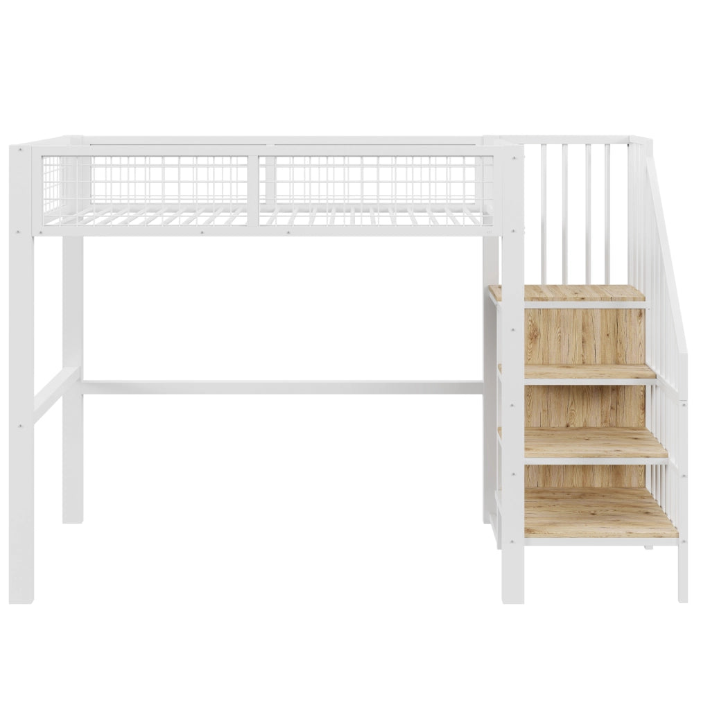 Letto a castello bianco con scala e armadio in metallo 90x200 cm