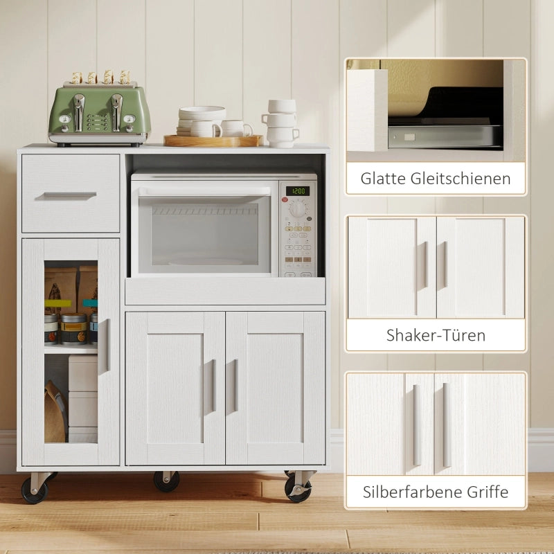 Carrello da Cucina con 2 Ante 1 Cassetto e Ripiano Regolabile con Ruote; in Legno; 80x40x88;7 cm; Bianco