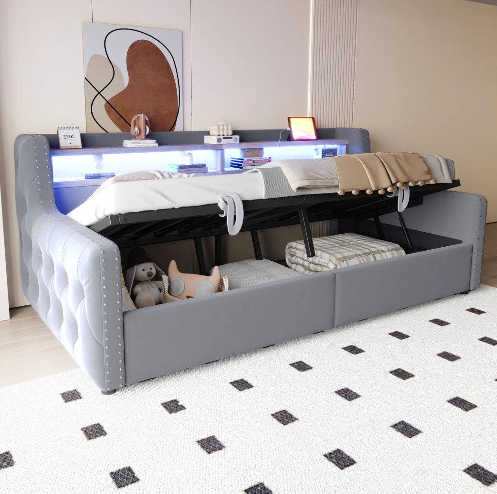 Divano letto 90x200 cm; contenitore idraulico e LED; velluto grigio chiaro
