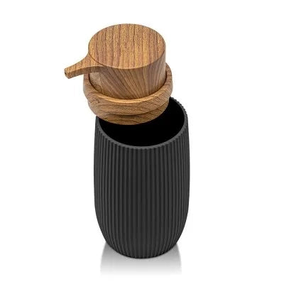 Set accessori bagno con dispenser e portaspazzolini nero cannettato ed effetto legno Blob