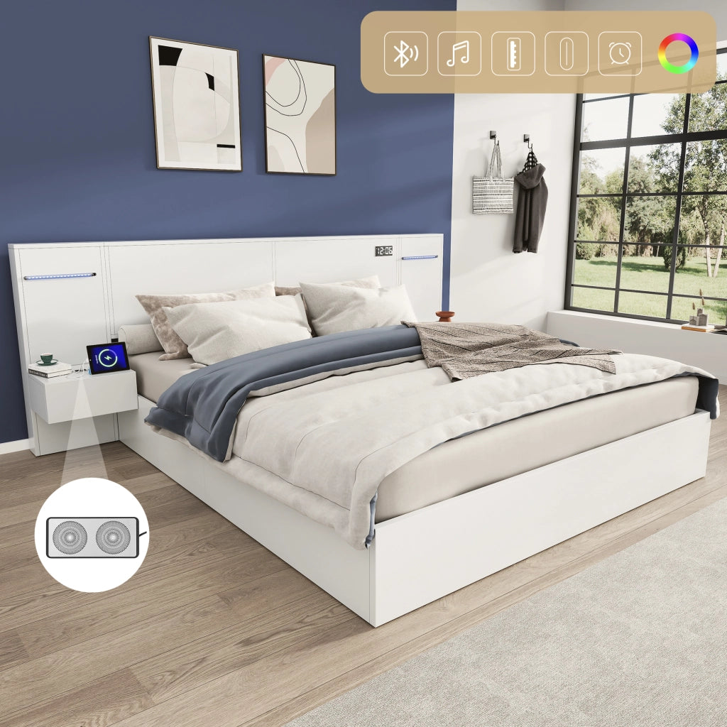 OKWISH Letto Contenitore 160×200 cm, Letto Matrimoniale con USB A, USB C, Orologio Elettronico, Altoparlante Bluetooth e LED Regolabile, senza Materasso, Bianco