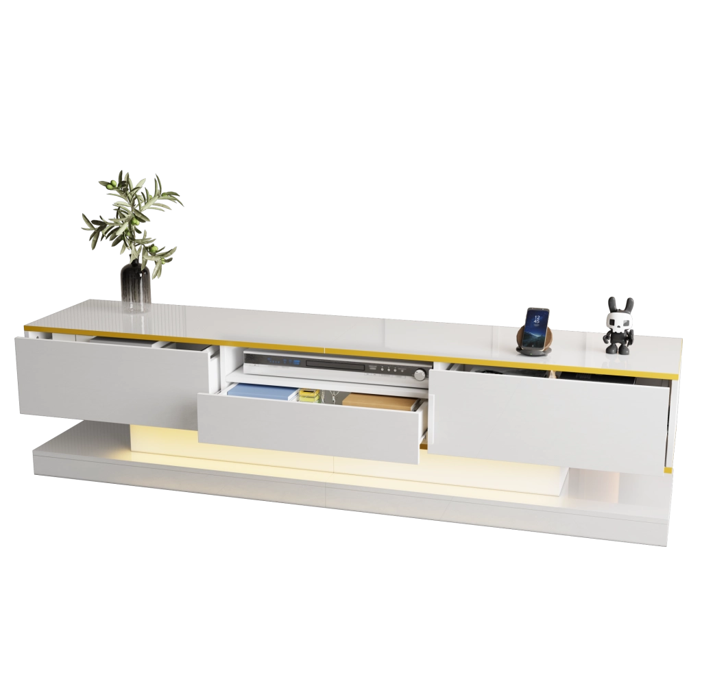 Mobile TV bianco lucido con LED RGB, 3 cassetti, 180 cm