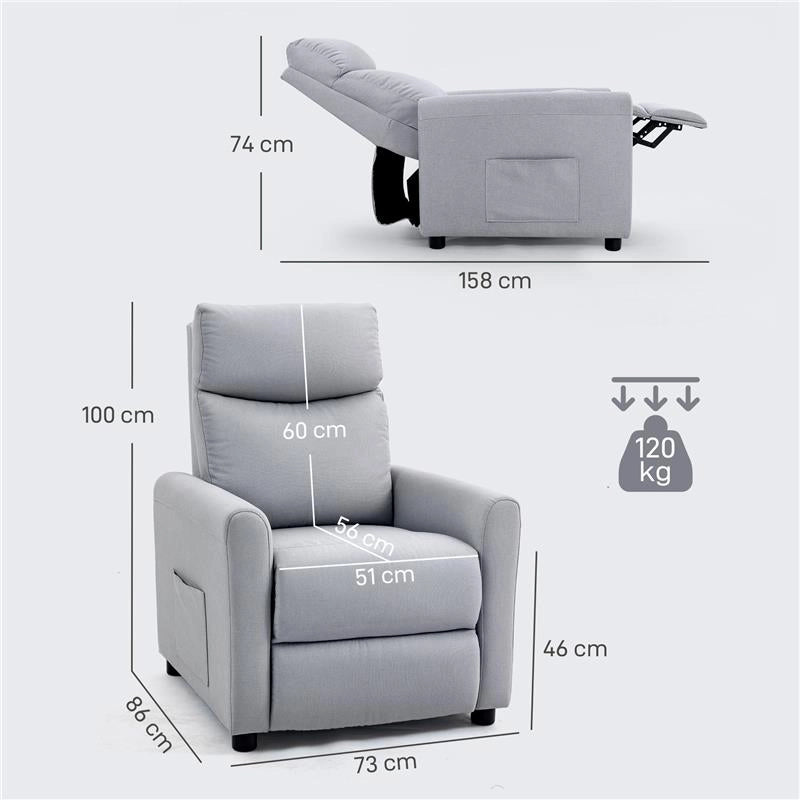 POLTRONA RECLINABILE 135¦ MAX IN TESSUTO EFFETTO LINO, SCHIUMA, ACCIAIO E LEGNO, 73X86X100 CM, GRIGIO CHIARO