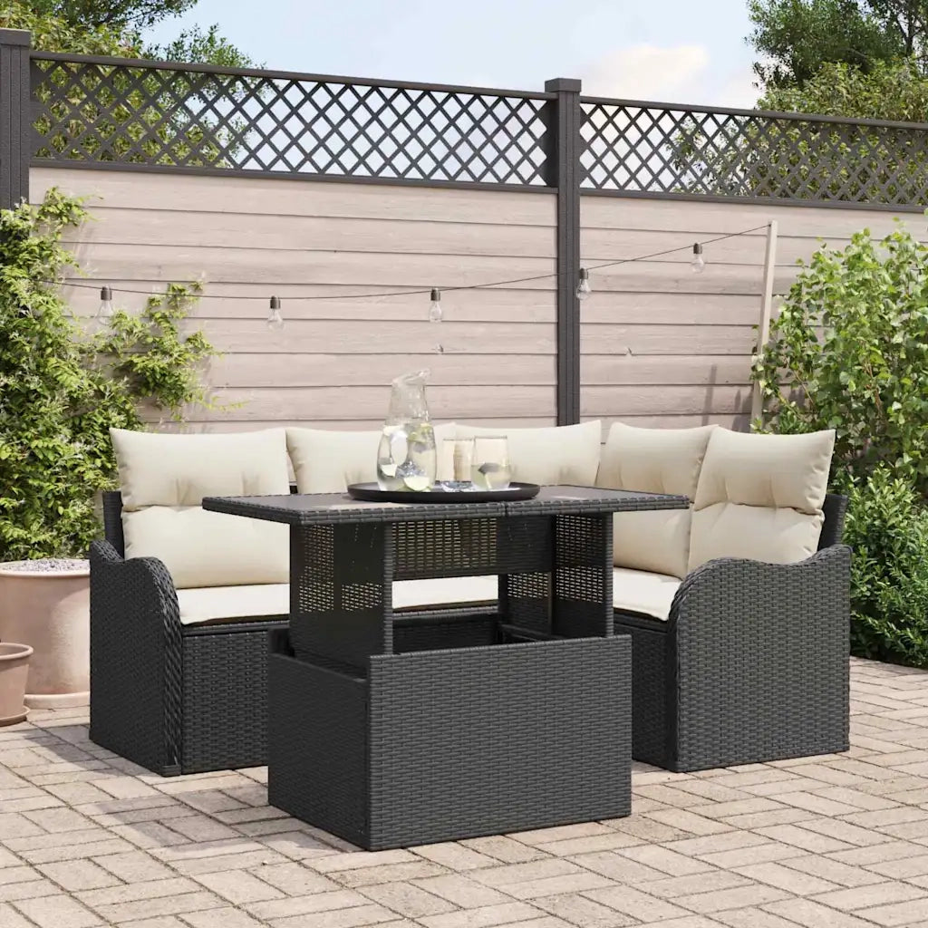 Set da pranzo per esterni con cuscino 5 pcs Nero Poly Rattan