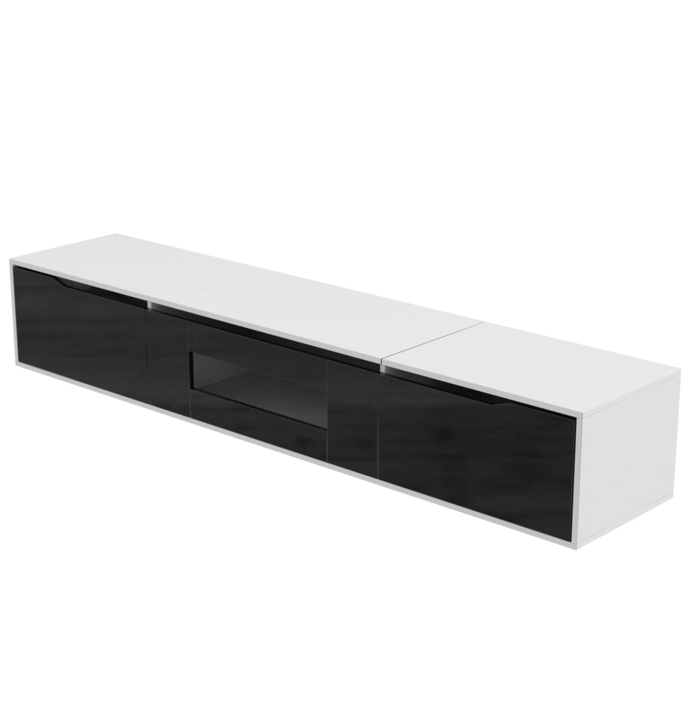 Mobile TV bianco e nero con frontale scanalato; LED a 16 colori; 180 × 35 × 30 cm