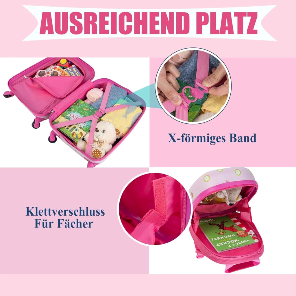 Set di Valigia 16’’ + Zaino 12’’ per Bambini 2 Pezzi, Bagagli 2-in-1 con Zainetto da Viaggio Aereo, Trolley con Maniglia Telescopica e 4 Ruote a 360° (Rosa Gufo)
