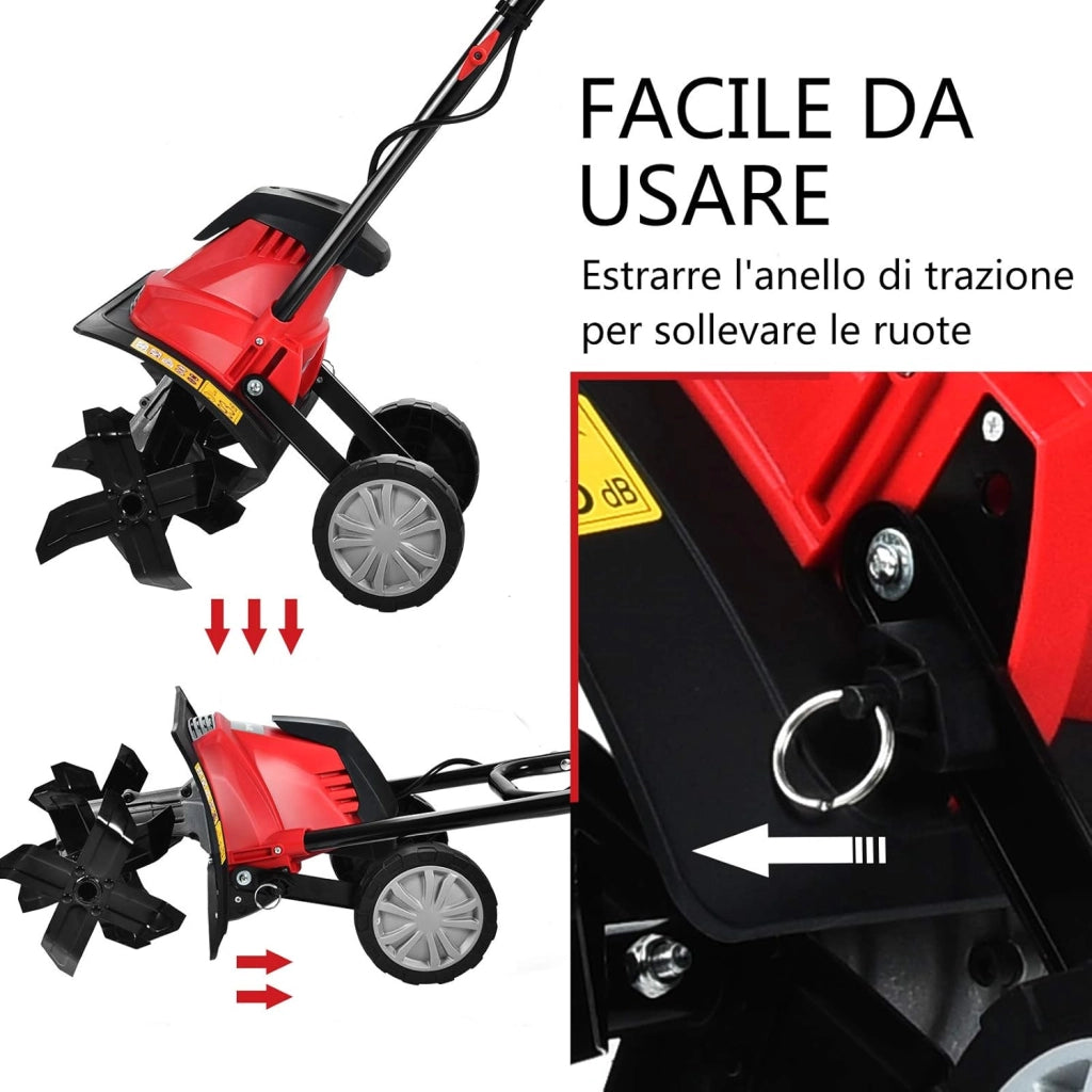 Motozappa Elettrica 1200W/1500W, Zappatrice Elettrica con Maniglia Pieghevole, Ruote Regolabili, 4/6 Lame, Velocità 365/400 PRM, Profondità 22 cm, Larghezza 35/43 cm (Rosso, 1200 W)
