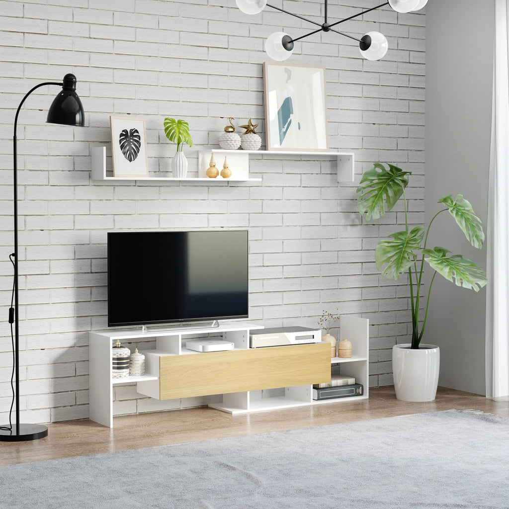Mobile TV in Legno con Ripiani Aperti e Armadietto ¨C Zephmum ¨C Bianco e Legno Naturale