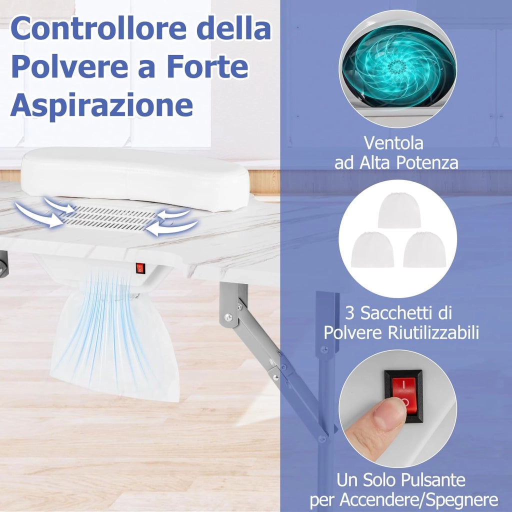 COSTWAY Tavolo per Manicure Pieghevole con Aspiratore Elettrico, Tavolo per Unghie Portatile con Luce LED, Cuscino Poggia Polso Clienti, Borsa e 4 Ruote Bloccabili (Bianco)