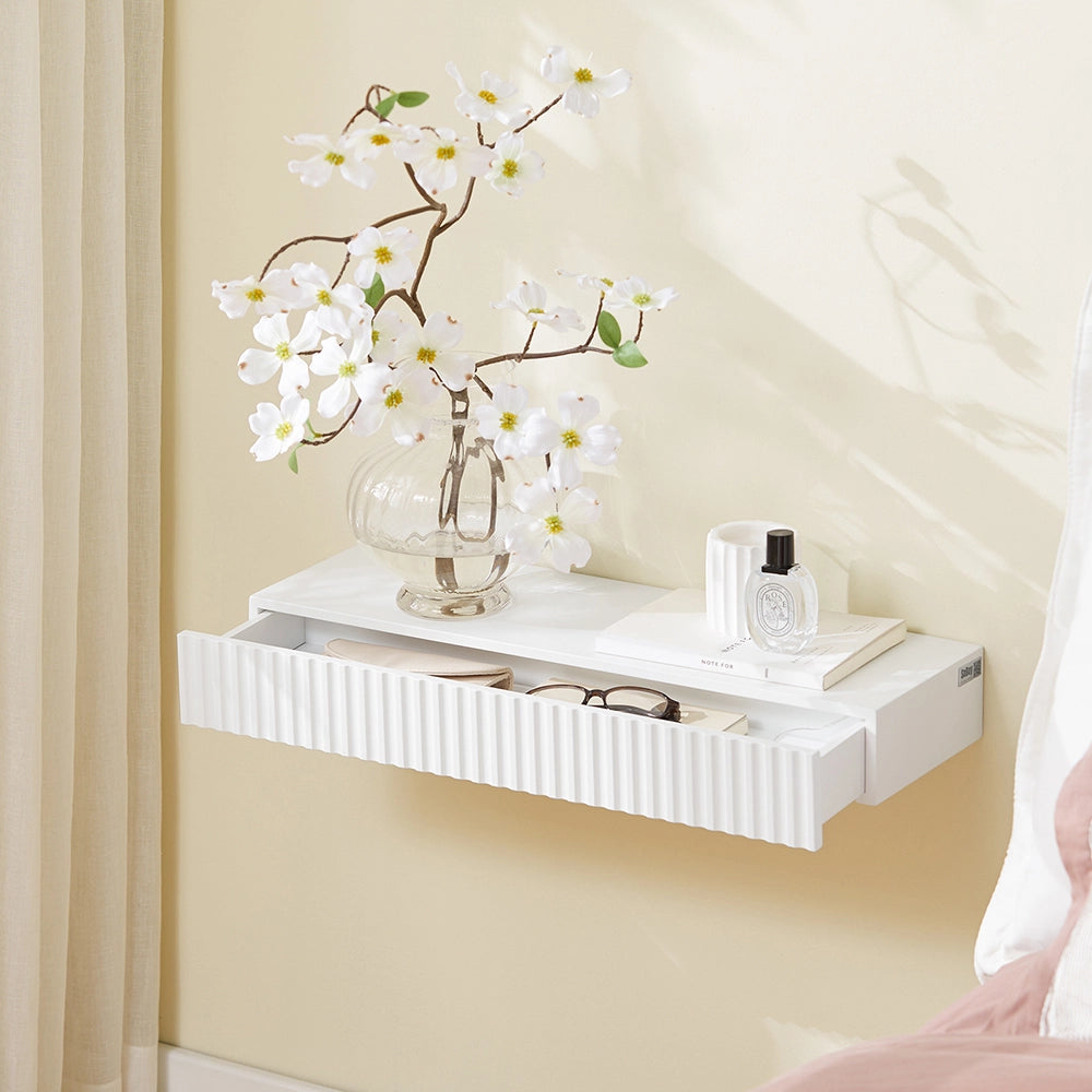 SoBuy FHK38-W Mensola da Parete Galleggiante con Cassetto & Illuminazione LED con Sensore di Movimento, per Camera da Letto, Ingresso & Soggiorno, a Batterie, L60 × P20 × H8 cm, Bianco
