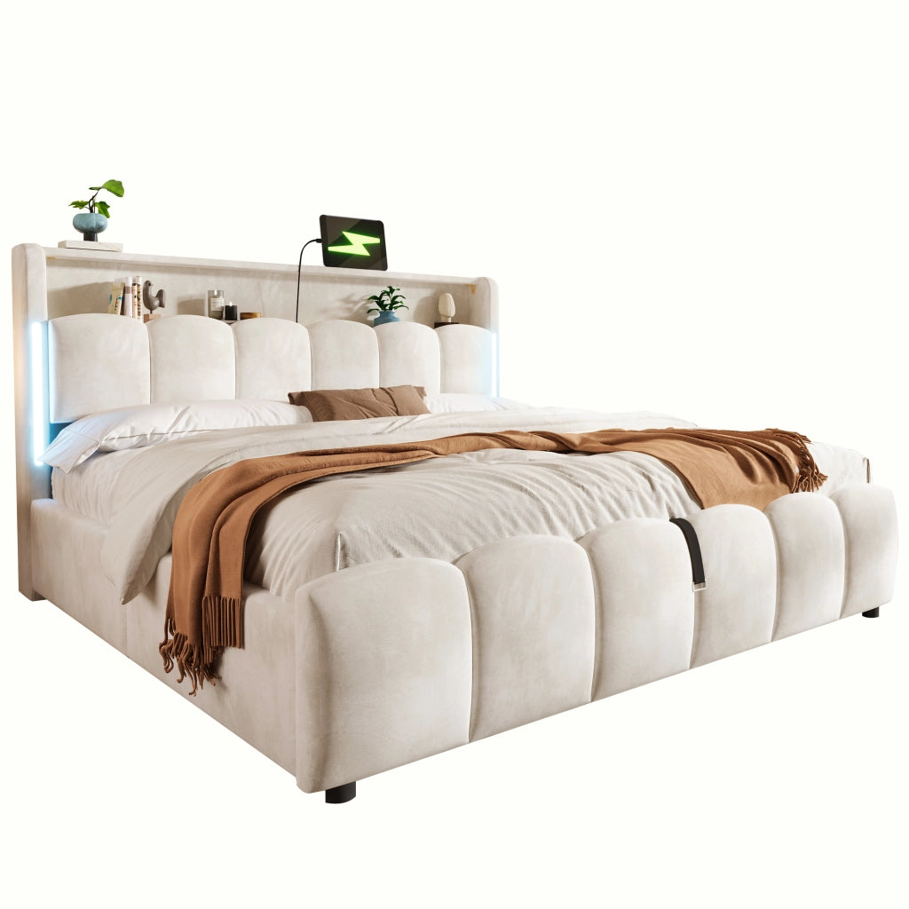 Letto contenitore imbottito con vano idraulico e LED RGB LEMONMAX; 180x200 cm; testiera con vano; USB-C; velluto; beige