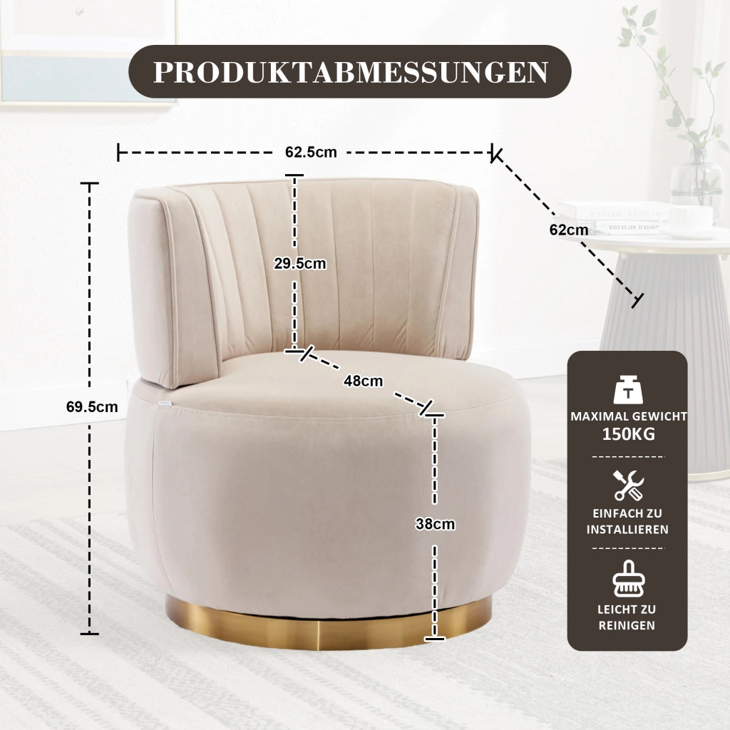 Fauteuil girevole in velluto con seduta imbottita e schienale ergonomico, base in legno e metallo beige