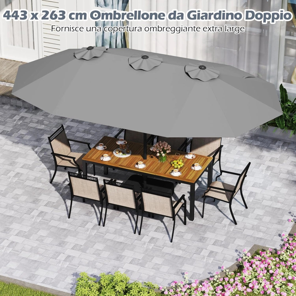 Ombrellone Doppio da Giardino 443 x 263 cm, Ombrello Rettangolare con Sistema a Manovella, Ombrellone da Giardino con Base e 12 Costole, per Sabbia, Cortile (Grigio)
