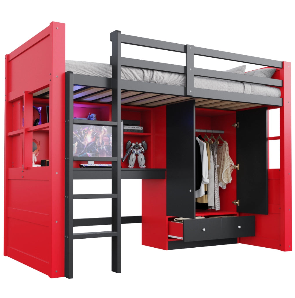 Letto a soppalco 90x200 cm in stile e-sport; con LED; prese; scrivania e armadio; nero e rosso