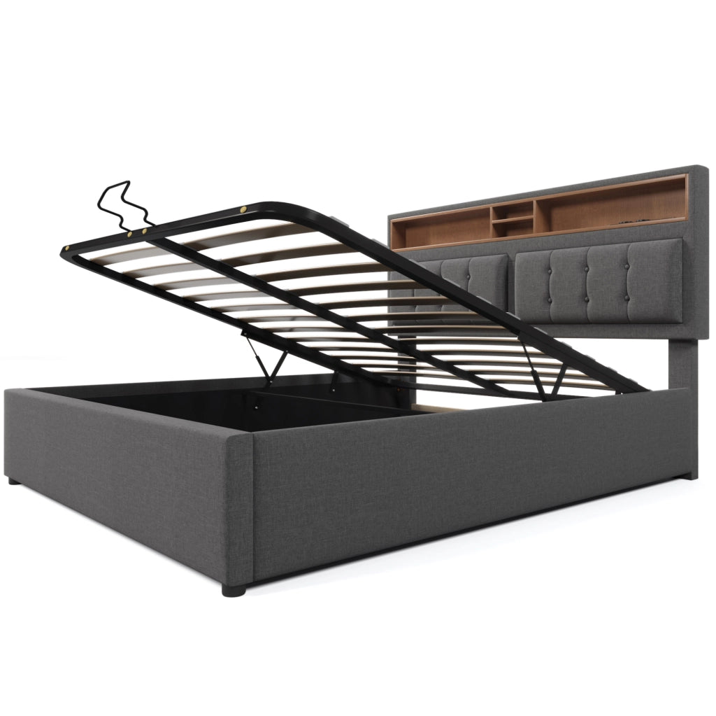 Letto imbottito 160x200 cm con contenitore, prese USB e USB-C in lino grigio